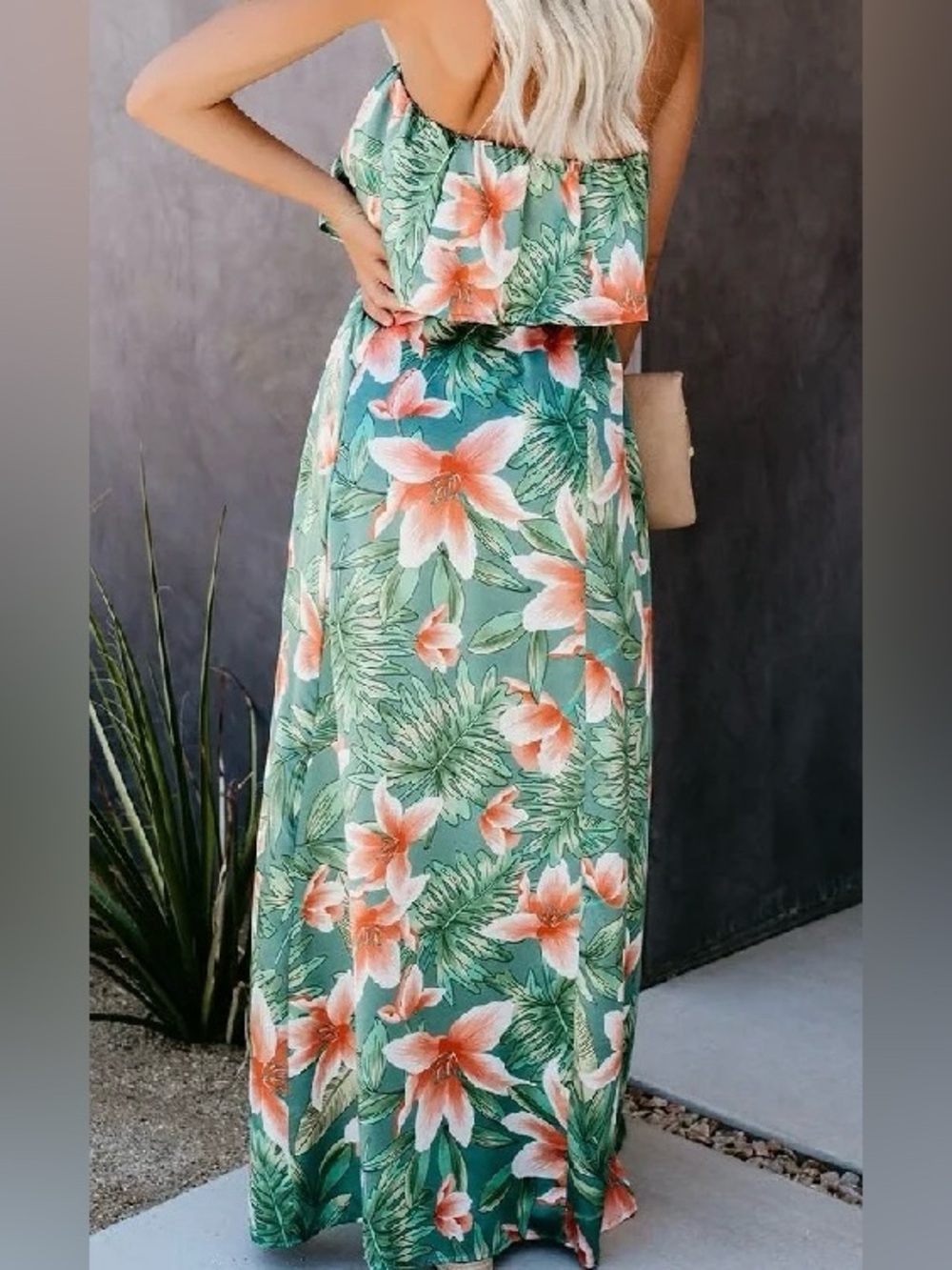 Tropical Floral Strapless Maxi Dress Green Orange Boho Beach Resort Size Sm EUC - Picture 2 of 8